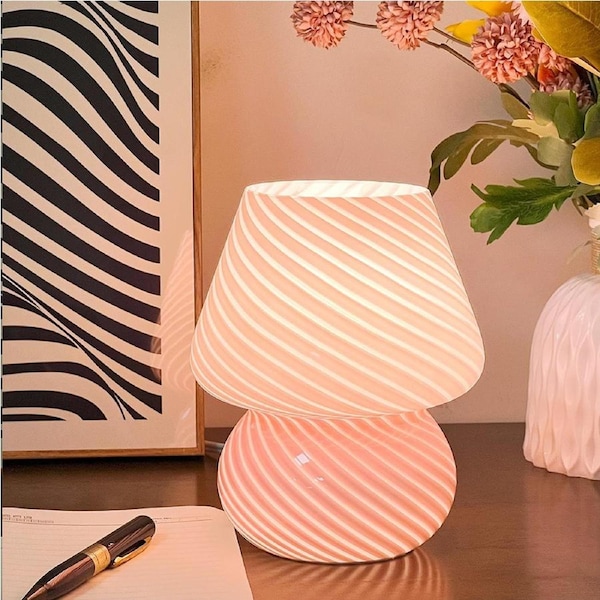 Clora Mushroom Lamp Glass Table Bedside Lamps Night Light Vintage Home Decor PINK