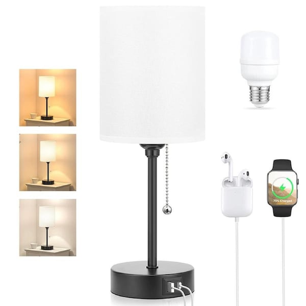 CLORA Bedside lamp Bedroom Table Light Nightstand USB Charging Pull Chain Home White Lampshade