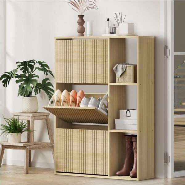 Oikiture Shoe Rack Storage Cabinet with Display Shelves Organiser Natural