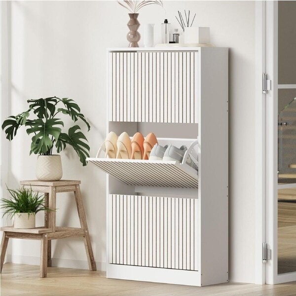 Oikiture Shoe Rack Storage Cabinet Organiser Drawers 3 Doors White