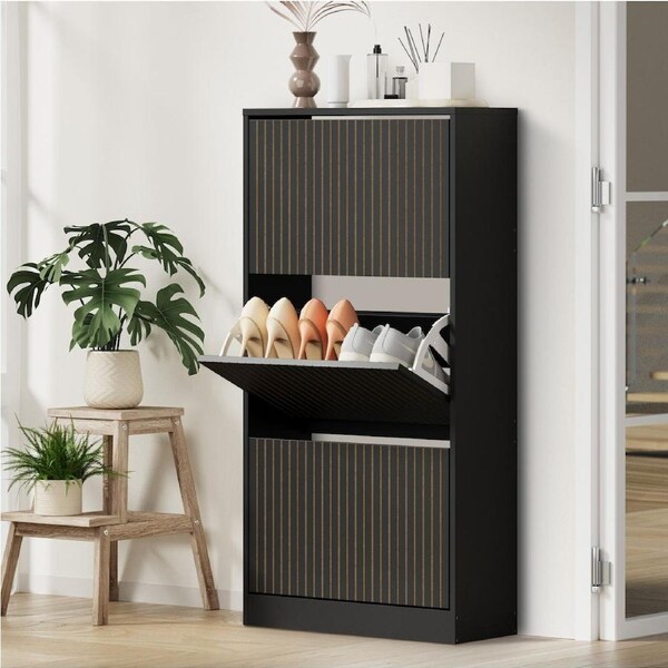Oikiture Shoe Rack Storage Cabinet Organiser Drawers 3 Doors Black