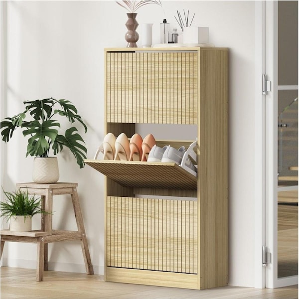Oikiture Shoe Rack Storage Cabinet Organiser Drawers 3 Doors Natural