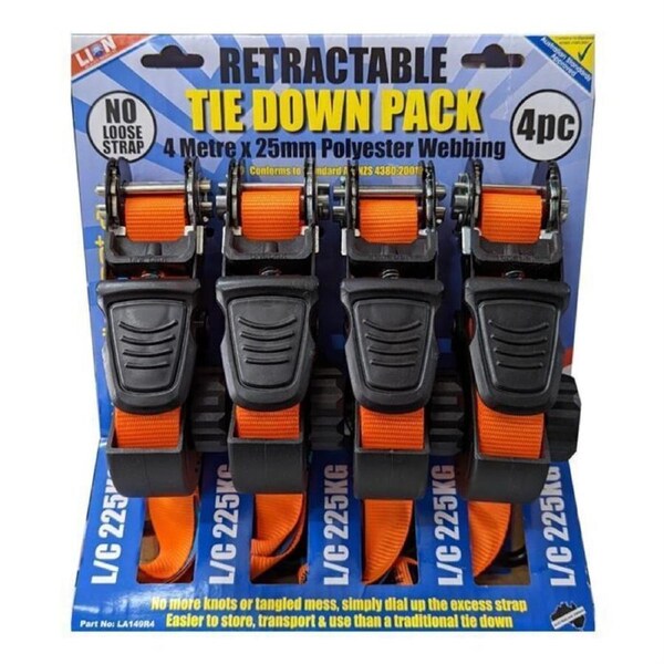 Retractable 4 Pack L/C 225KG 4m Tie Down Ratchet Strap