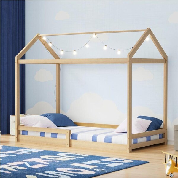 Oikiture Kids Wooden Bed Frame House Beds Base Timber with Fence Single Natural