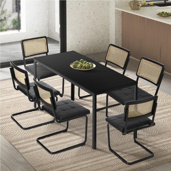Oikiture 140cm Rectangle Dining Table with 6PCS Dining Chairs Leather Black
