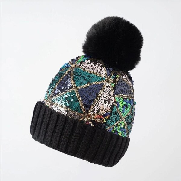 Hats Knitting Cap Autumn Winter Removable Plush Ball Women Warm Beanies Black