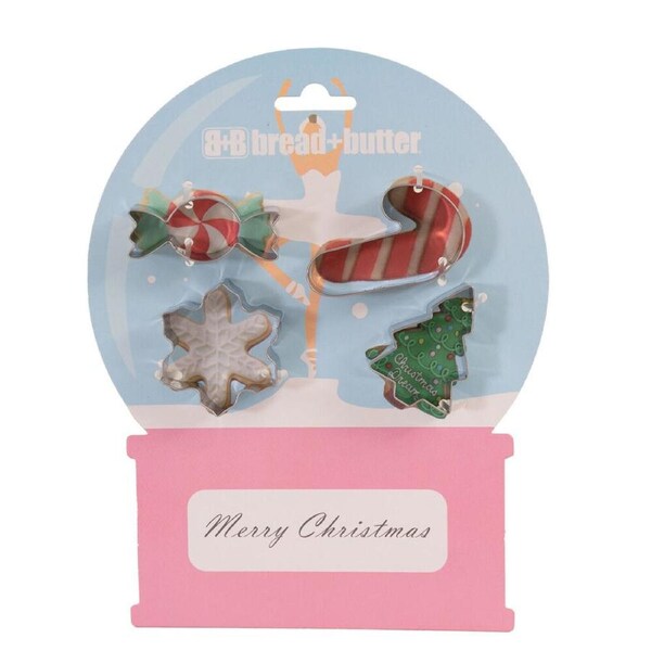 4pc Bread and Butter Stainless Cookie Cutter Snowglobe/Card/Tree/Candy Cane