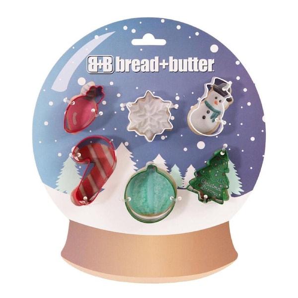 6pc Bread and Butter Cookie Cutter Globe/Flake/SnowMan/Cane/Sock/Tree Set