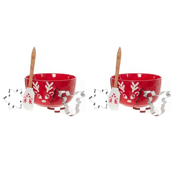 2PK Bread and Butter Electroplate Icy Reindeer Mini Mix Bowl Baking Set Red