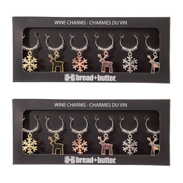 2x 6pc Bread and Butter Alloy/Steel Snowflake/Reindeer Wine Glass Charms Set