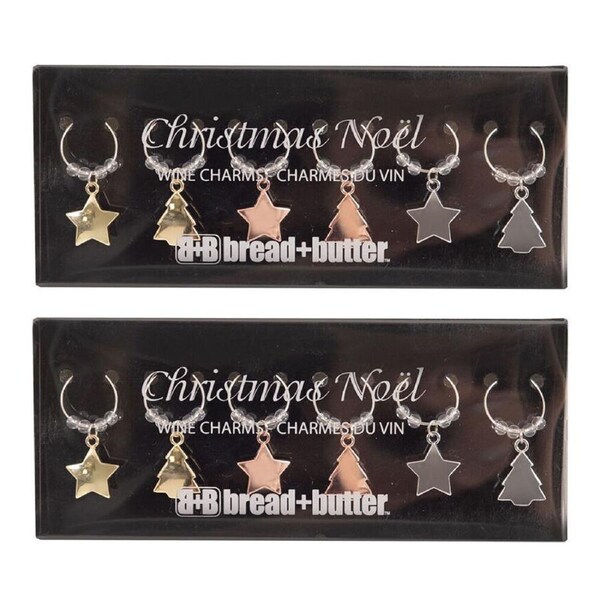 2x 6pc Bread and Butter Alloy/Steel Star/Tree Wine Glass Charms Tag/Marker Set