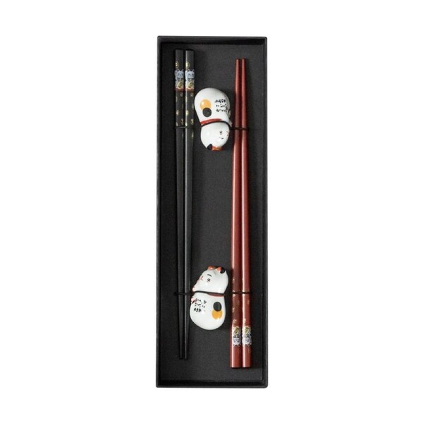 Omotenashi Lucky Cat Chopsticks & Chopstick Rests Set of 2
