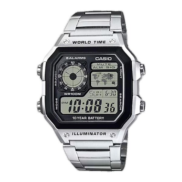 Casio Unisex World Time Digital Watch Silver AE1200WHD-1A