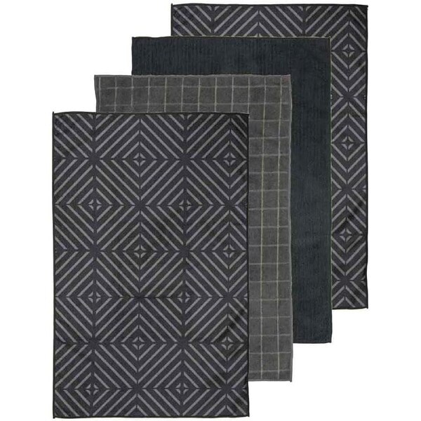 Ladelle Benton Microfibre Kitchen Tea Towels 4Pk 43x68cm - Charcoal