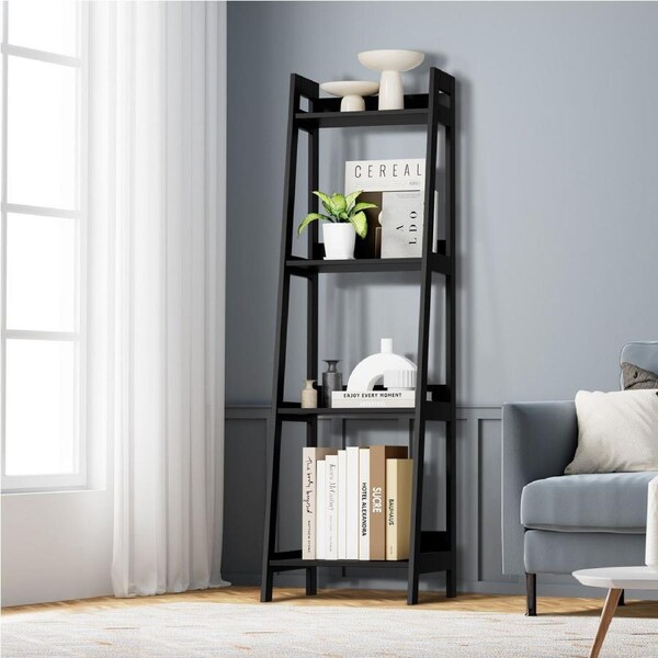 Oikiture Bookshelf 4 Tier Corner Ladder Shelf Home Storage Display Rack Black