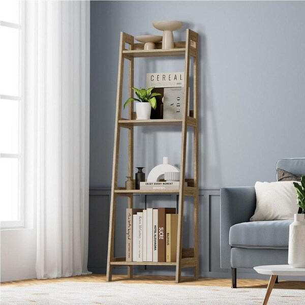 Oikiture Bookshelf 4 Tier Corner Ladder Shelf Home Storage Display Rack Natural