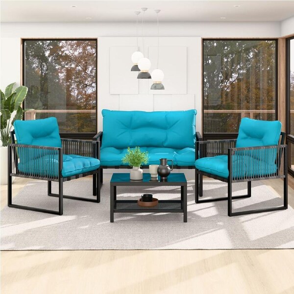 ALFORDSON Outdoor Furniture 4PCS Lounge Set Black Blue