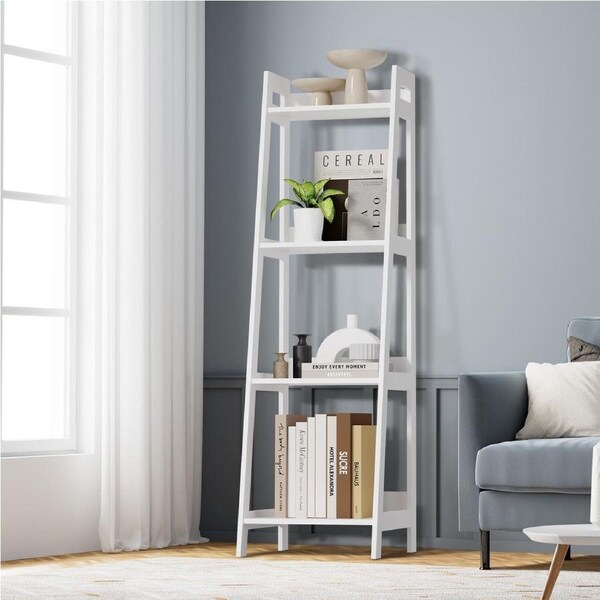 Oikiture Bookshelf 4 Tier Corner Ladder Shelf Home Storage Display Rack White