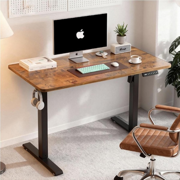 100CM Electric Standing Desk Height Adjustable Sit Stand Lifting Table with Hooks for Home Office Metal Frame Stand Up Desk with Powerful Motor Rustic Brown