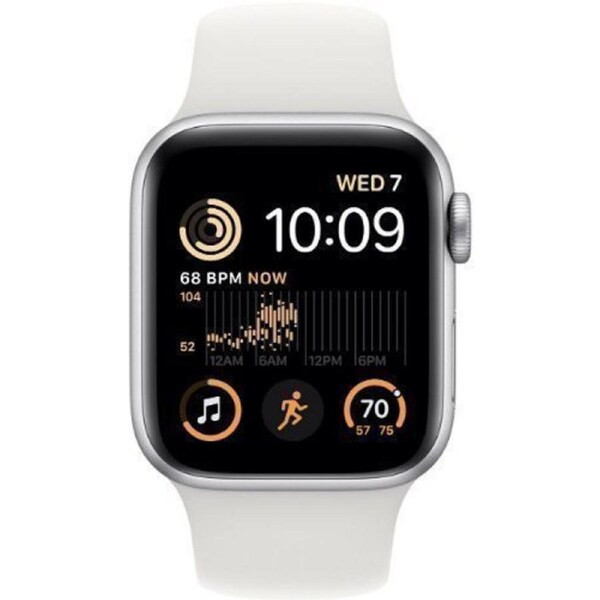 Apple Watch SE (2022) - 32GB - Silver-Aluminum-Sport Band-White - Cellular + GPS - 44mm - Silver - Aluminum - White - Sport Band - Medium/Large Size - Rubber - Refurbished (Excellent Condition)