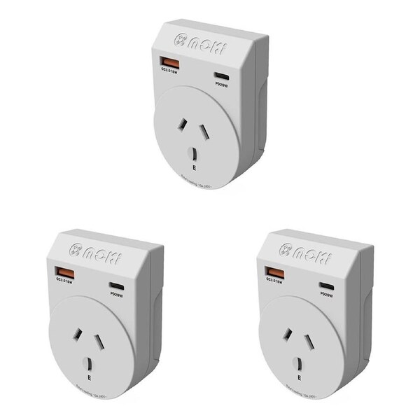 3PK Moki Travel Adaptor Plus Outbound AU/NZ to US w/ PD20W Type-C & QC 3.0 USB-A