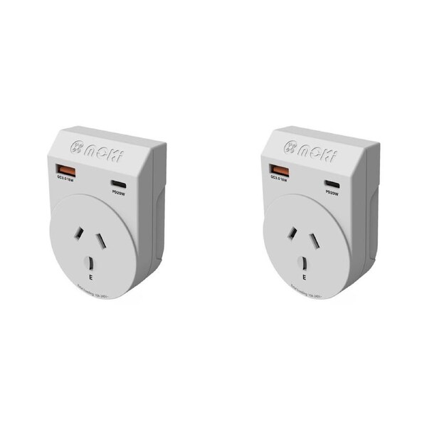 2PK Moki Travel Adaptor Plus Outbound AU/NZ to US w/ PD20W Type-C & QC 3.0 USB-A