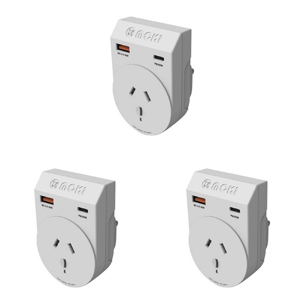 3PK Moki Travel Adaptor Plus Outbound AU/NZ to UK w/ PD20W Type-C & QC 3.0 USB-A