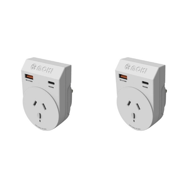 2PK Moki Travel Adaptor Plus Outbound AU/NZ to UK w/ PD20W Type-C & QC 3.0 USB-A