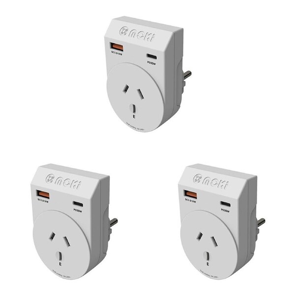 3PK Moki Travel Adaptor Plus Outbound AUS/NZ to EU with Type-C & USB-A