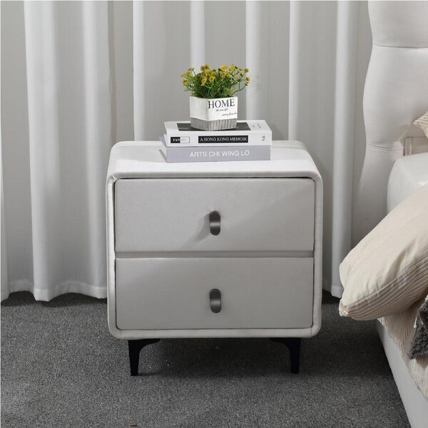 Tamijo White Suede Upholstered Bedside Table/White Nightstand with Drawers