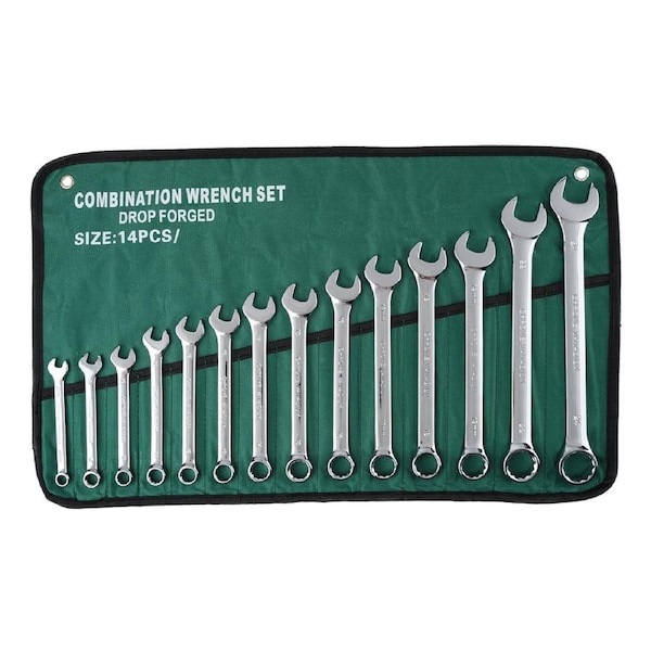14PCS Metric Combination Wrench Spanner Set Open Ring End CRV with Rolling Bag 8-24mm Ratchet Tool