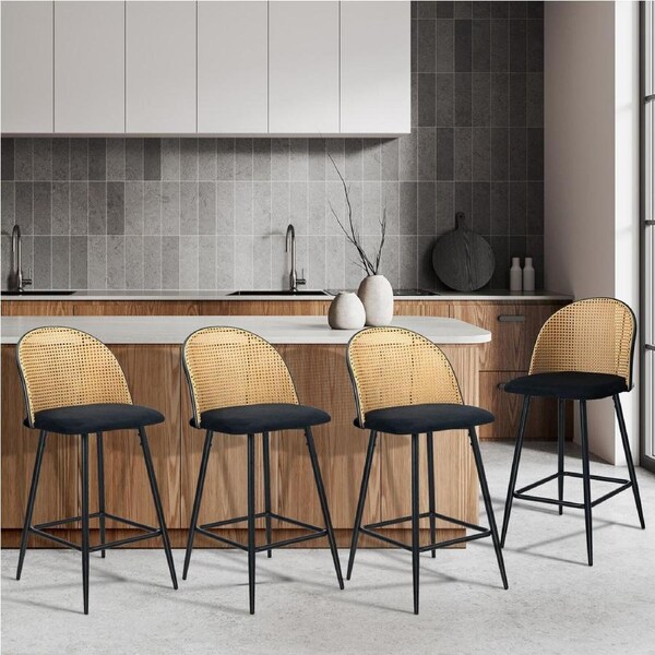 Oikiture Bar Stools Kitchen Counter Stool Rattan Dining Chair Velvet Fabric Black x4