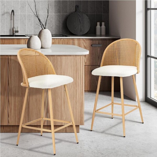 Oikiture Bar Stools Kitchen Counter Stool Rattan Dining Chair Boucle Fabric White x2