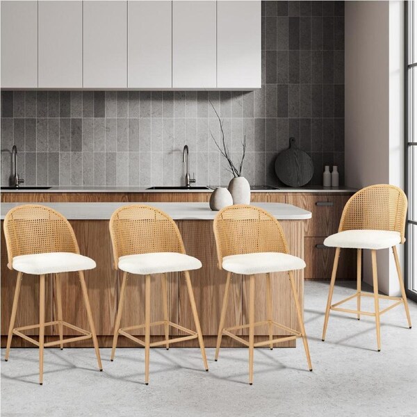Oikiture Bar Stools Kitchen Counter Stool Rattan Dining Chair Boucle Fabric White x4