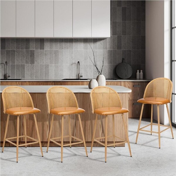Oikiture Bar Stools Kitchen Counter Stool Rattan Dining Chair PU Leather Brown x4