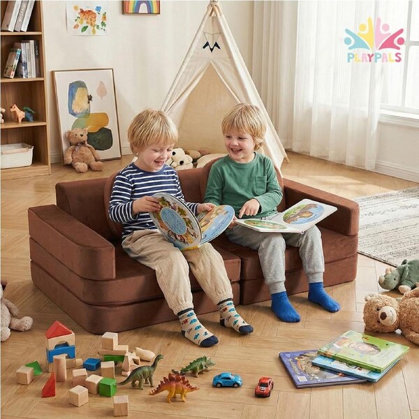 Playpals 12PCS Kids Modular Play Couch Lounge Chair High Density Foam Sofa Toddler Playset Brown