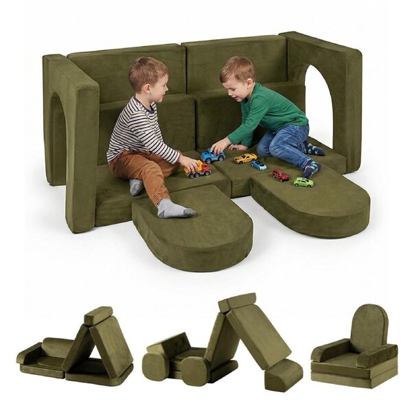 Playpals 12PCS Kids Modular Play Couch Lounge Chair High Density Foam Sofa Toddler Playset Green