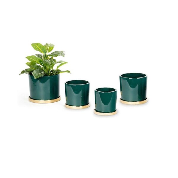 4pc Ceramic Cylindrical Plant Pot w/ Saucer Set Garden Decor Green