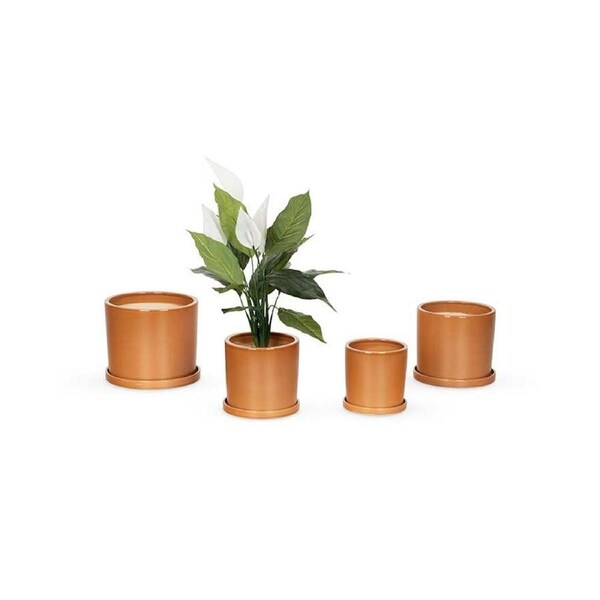 4pc Ceramic Cylindrical Garden Plant Pot w/ Saucer Set Terracotta
