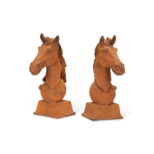 2pc Cast Iron Horse Head on Ball Garden Sculpture Set 32x47cm Rust