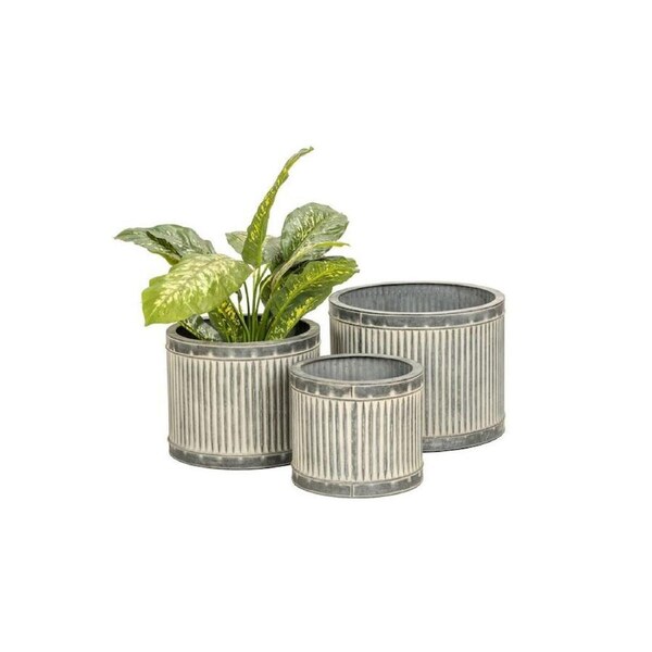 3pc Metal Striped Indoor/Outdoor Garden Planters/Pot Round Set Grey