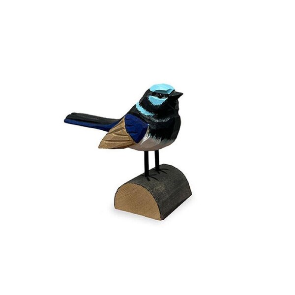 Carved Timber Fairy Wren Wooden Bird Figurine Ornament Decor 9.5x6.5cm