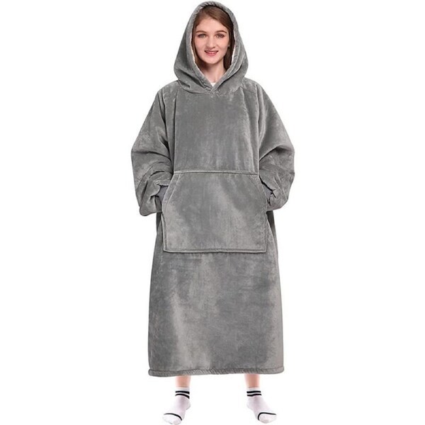 Adult Extra Long Oversized Wearable Grey Hooded Blanket Ultra Plush Sweatshirt