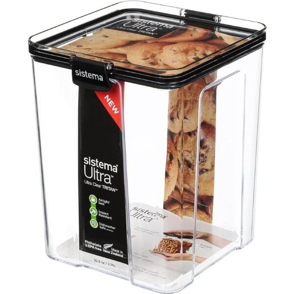 Sistema Ultra Tritan Airtight Pantry Storage Container - 2.75 Litre Large Food Storage Container - Stackable - with Locking Clips - BPA-Free - Clear with Black Accents
