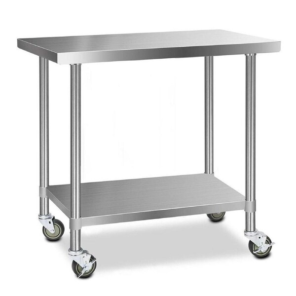 Stainless Steel Kitchen Work Bench Table Wheels Adjustable Shelf 121.9x61x89cm