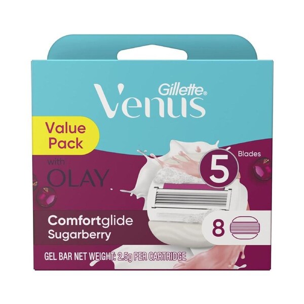 Gillette Venus ComfortGlide + Olay Sugarberry Razor Refill Blades (8-Pack) – 5-Blade Smooth Shave w/ Moisture Bars