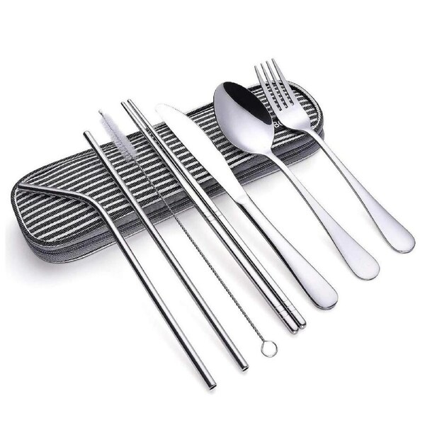 BOOC Travel Utensils Reusable Silverware Set to Go Cutlery Set - Black Strip Bag