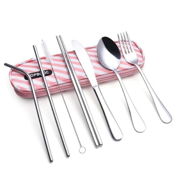 BOOC Travel Utensils Reusable Silverware Set to Go Cutlery Set - Pink Bag