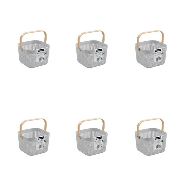 6PK Boxsweden Mesh Plastic Basket Wood Handle Small 20x20x15cm Assorted