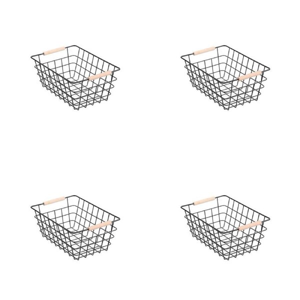 4PK Boxsweden Toska Wire Basket Beech Wood Handle Medium 30x22x13.5cm Black